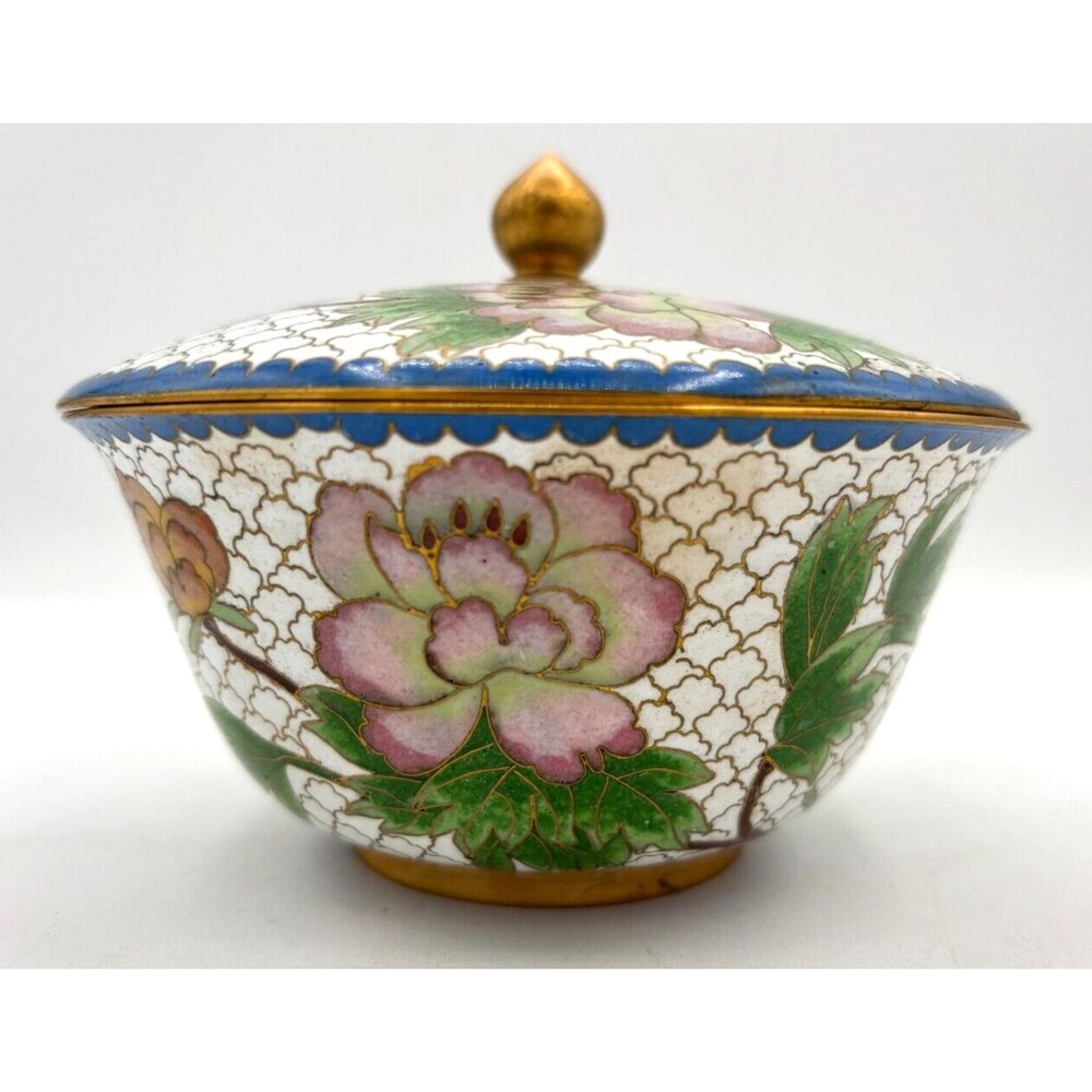 Vintage Chinese‎ Cloisonné Enamel on Bronze Lidded Bowl Trinket Dish Floral Teal